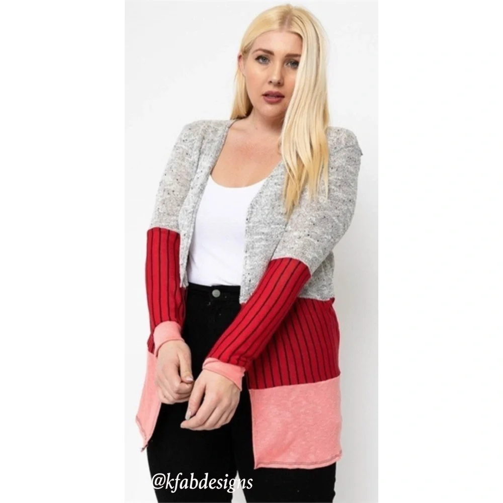 LAST Few! Plus Size Lightweight Silver/Red Coral So Soft Lightweight Cardigan! - Picture 3 of 9